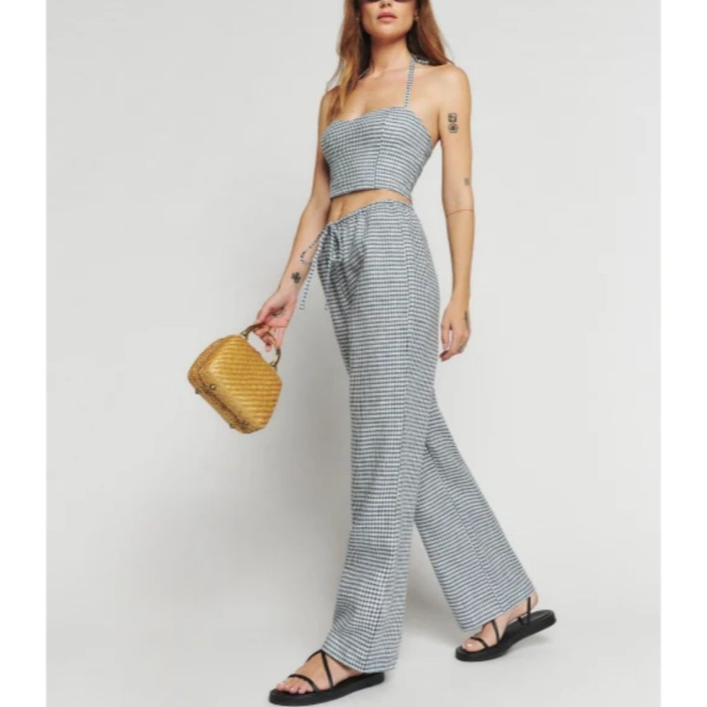 NWOT Reformation Jaida Linen Two Piece in Slate Check Blue White Top Pants